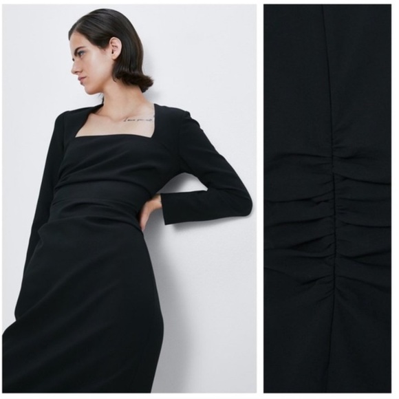 Zara Black Draped Midi Dress Square Neck Ruched Back - Picture 2 of 7